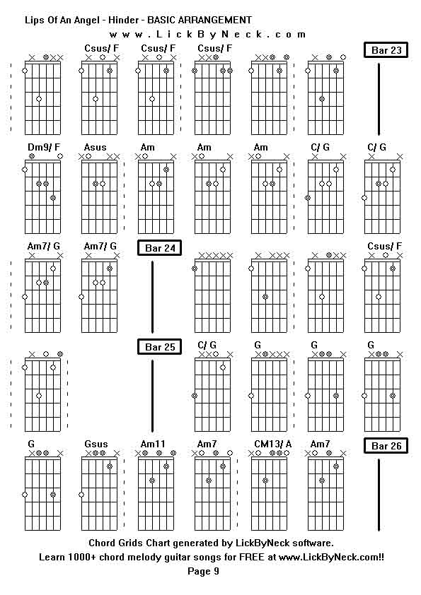 Chord Grids Chart of chord melody fingerstyle guitar song-Lips Of An Angel - Hinder - BASIC ARRANGEMENT,generated by LickByNeck software.